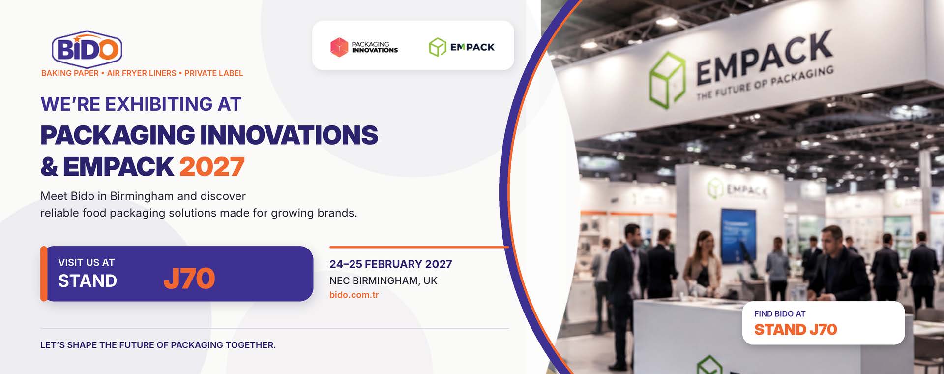 Bido, Packaging Innovations & Empack 2027 fuarinda, 24-25 Subat 2027, NEC Birmingham, Stand J70